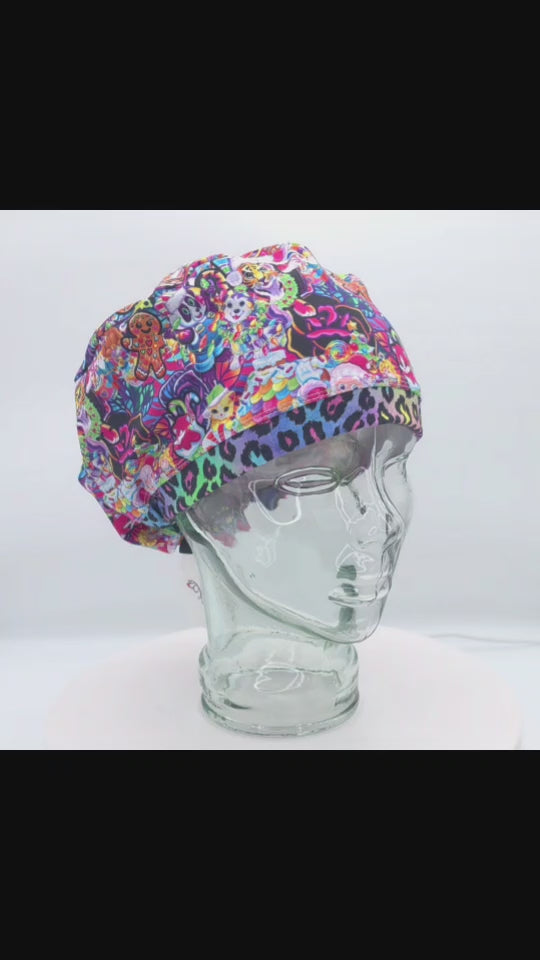 360-degree rotating video of a clear mannequin head displaying a full-coverage Euro style scrub cap featuring a vibrant Christmas sweets pattern with gingerbread men, peppermints, and holiday treats on a white background.