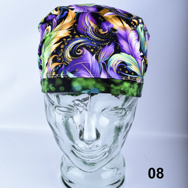 Stretchy-Full-Coverage-Scrub-Cap-Mardi-Gras-Feathers