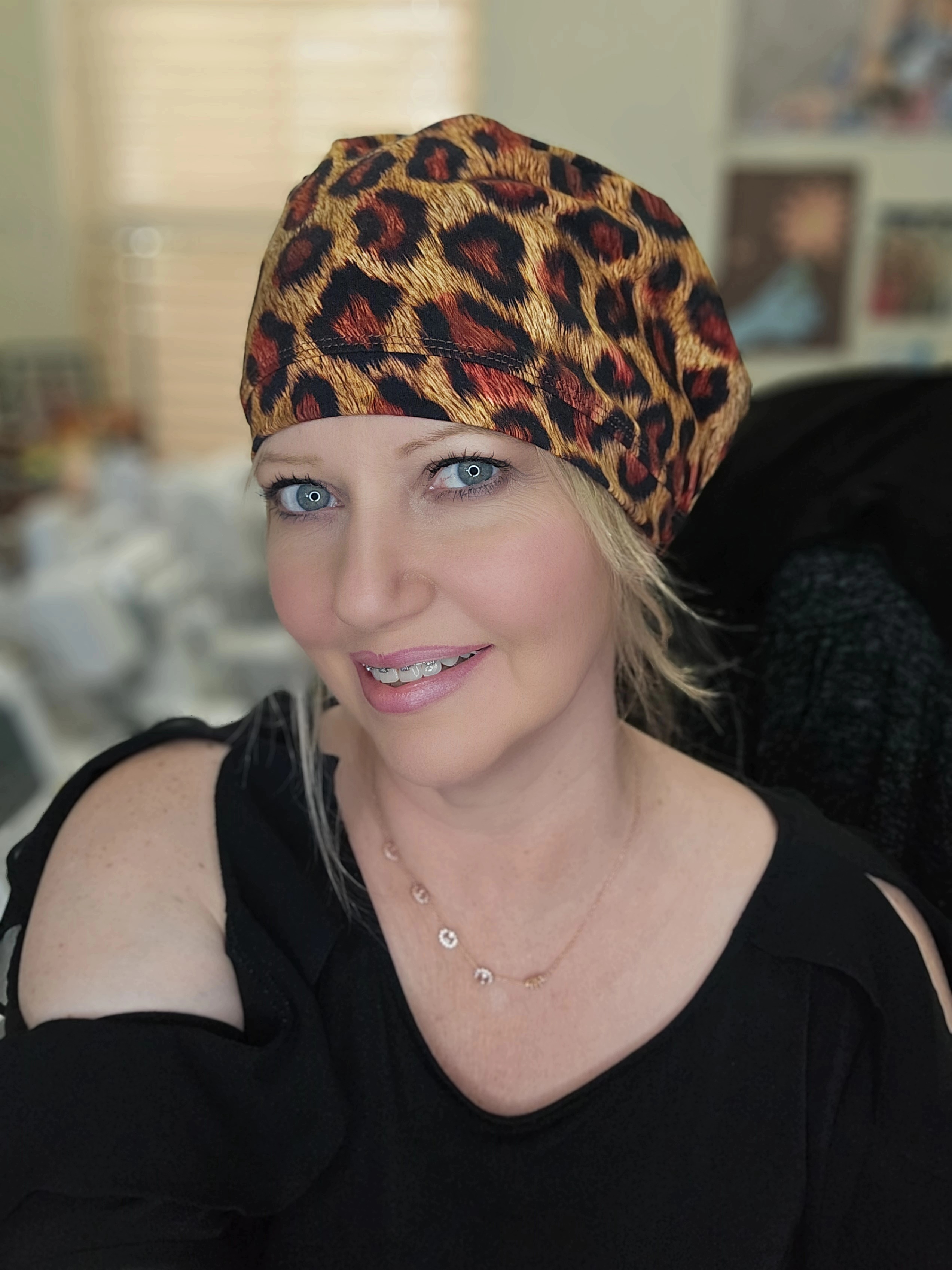 Model Wearing Cheetah Scrub Cap